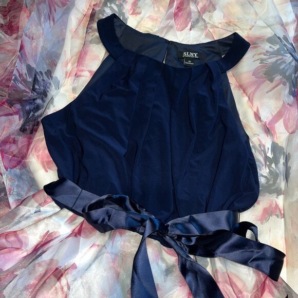 SLNY - 9141152 LONG HALTER Solid BODICE FLORAL A-LINE Dress NWT Navy Purple Pink - Picture 5 of 12